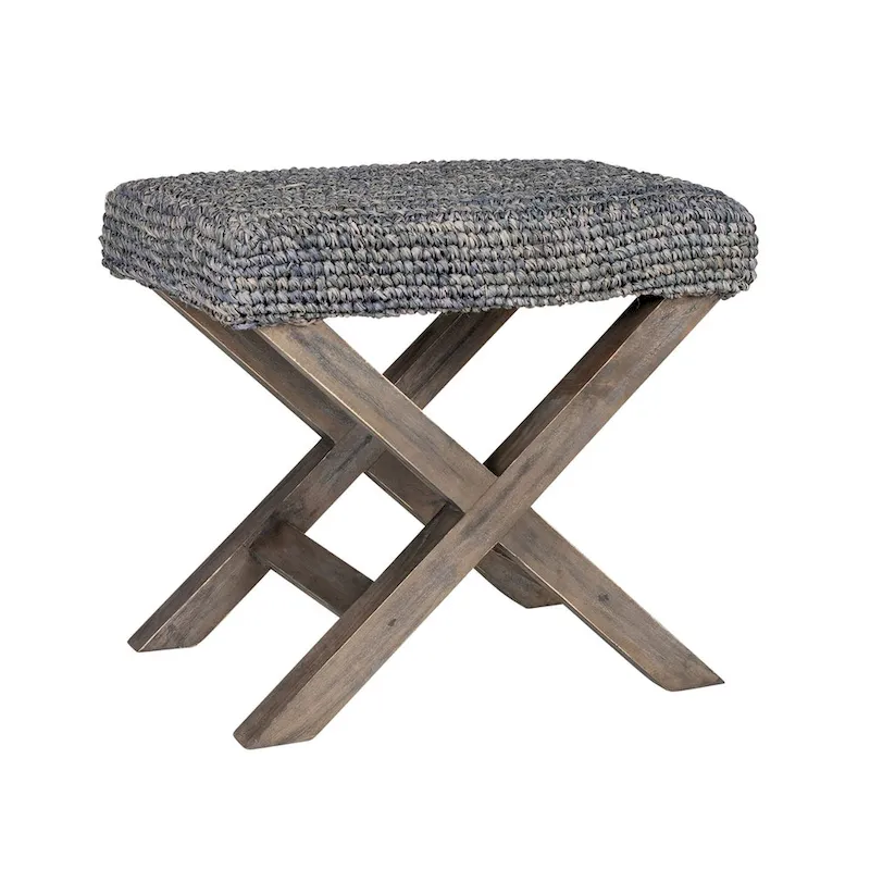 Handmade Natural Raffia And Wood Ottoman by East at Main