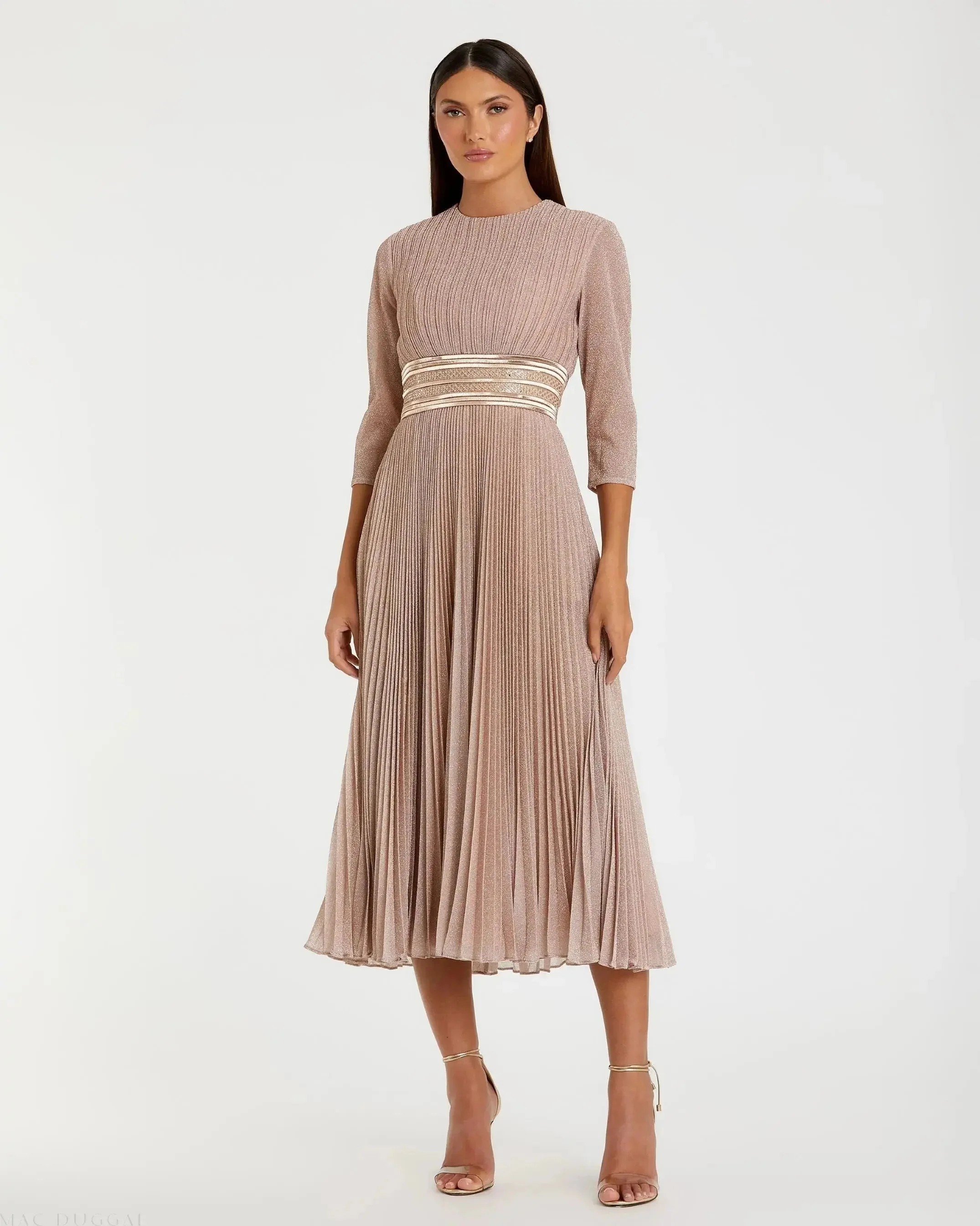 Pink Shimmering 3/4 Sleeve A-Line Midi Dress