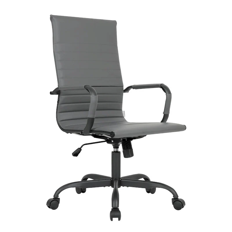 Ribbed Leather Adjustable High-Back Office Swivel Chair in Black Metal Frame