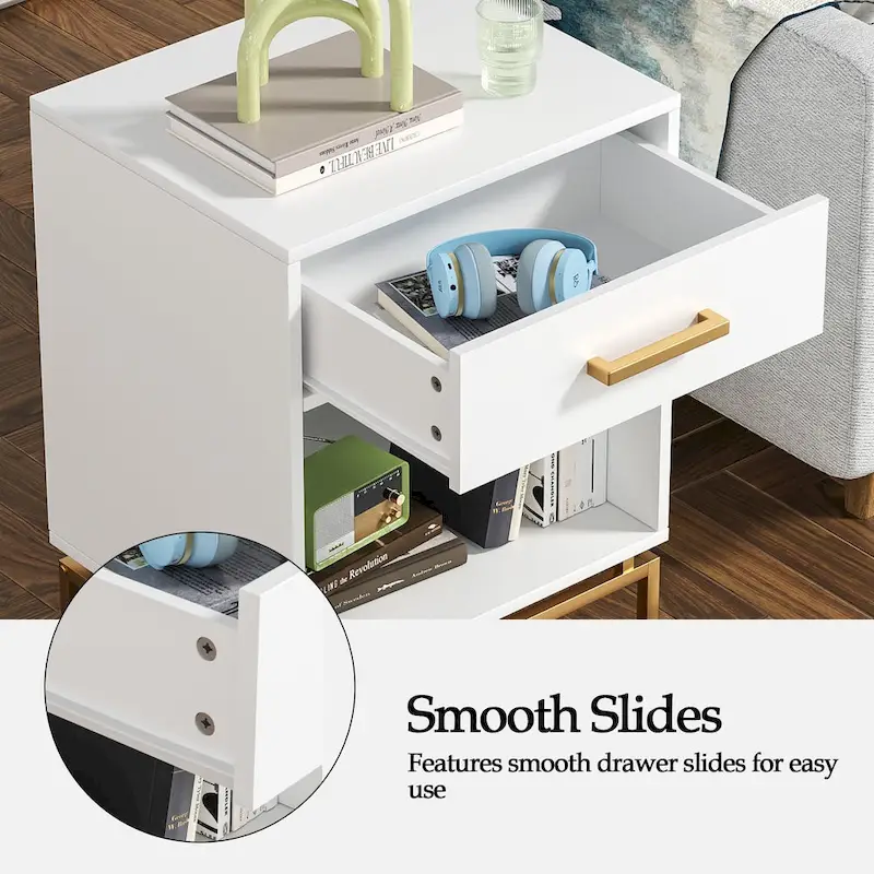 Anmytek Modern 1-Drawer White Nightstand Wood Bedside Table with Open Shelf (Set of 2)