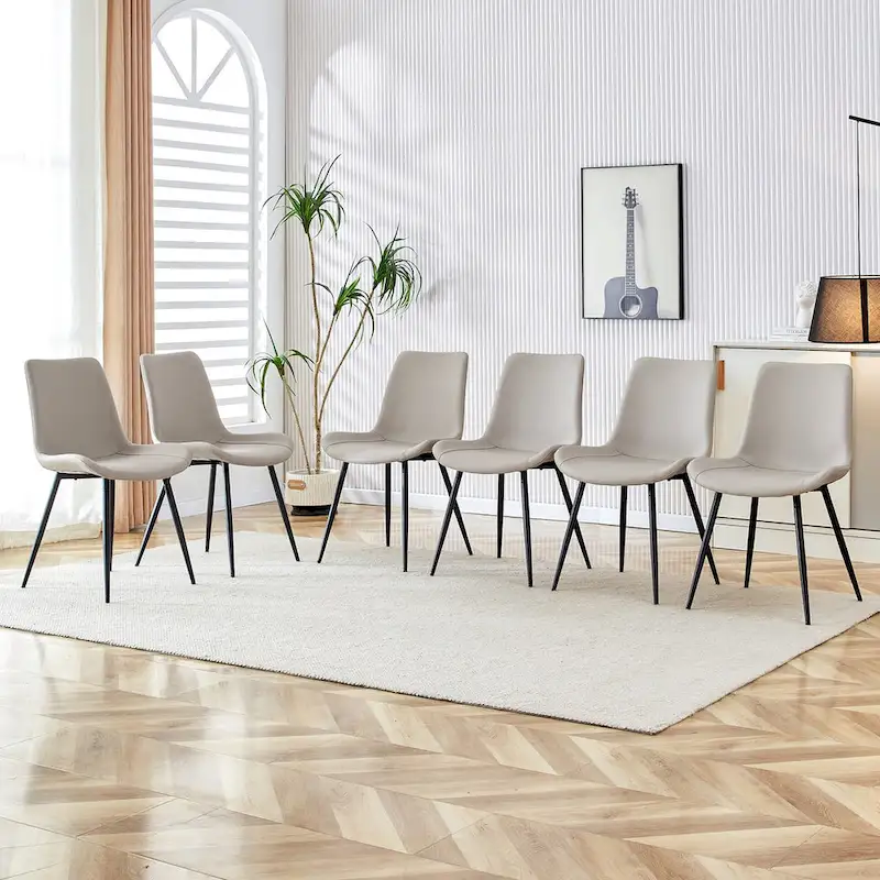 Artificial Leather Backrest Cushion Dining Chair, Black Metal Legs, Curved Widened Cushion Design for more comfort(6 chairs)