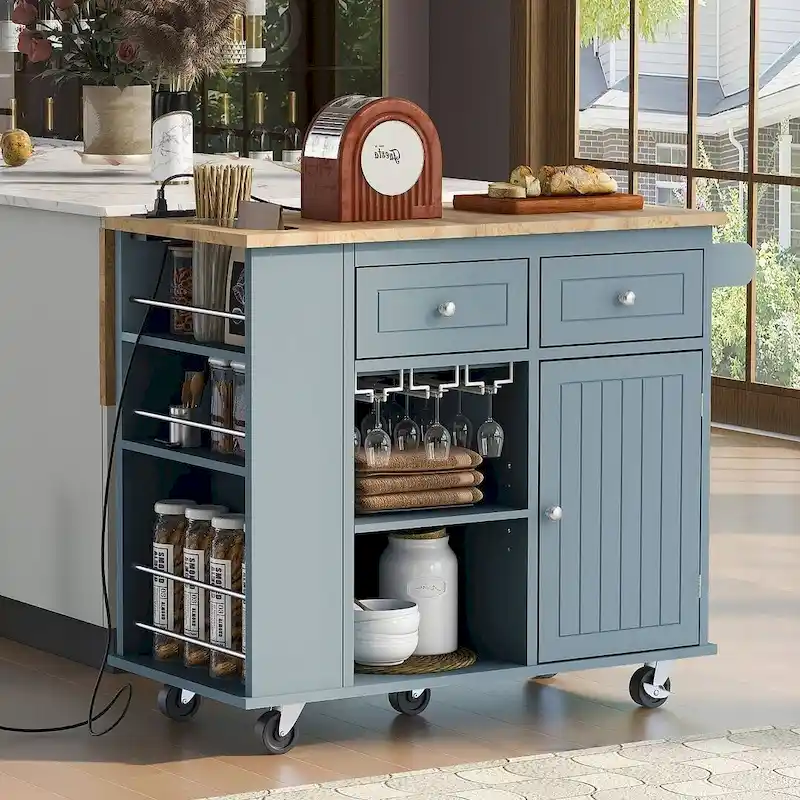 47 Modern Kitchen Cart with Electrical Outlet, Rubberwood Kitchen Island with Drop Leaf and Adjustable Storage Cabinet