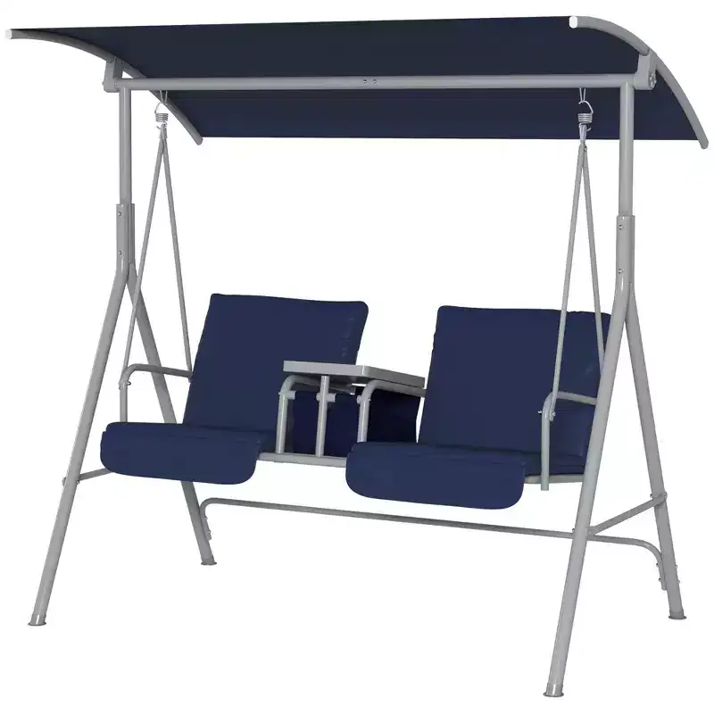 2-Person Patio Swing with Canopy Storage Table and Cup Holders Dark Blue
