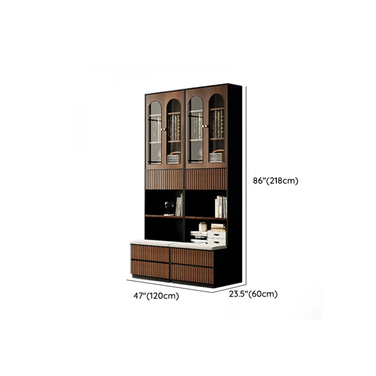 Tall French Country Display Wooden Bookcase with Cushioned Bench