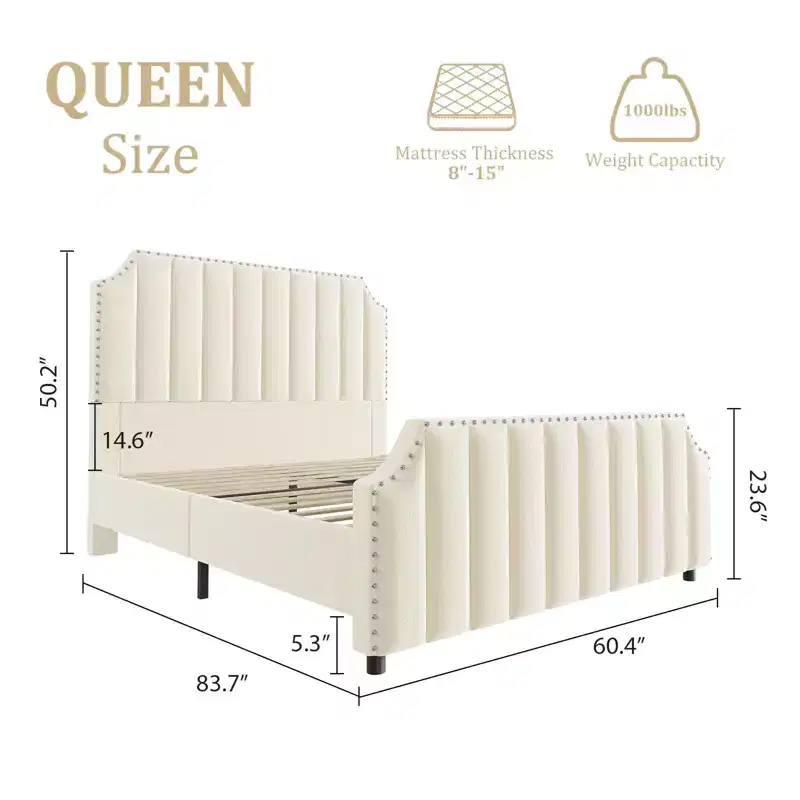 King Velvet Bed Frame, 50.2 Tall Headboard & Footboard, Upholstered Platform Bed Frame with Nailhead Trim, No Box Spring Needed