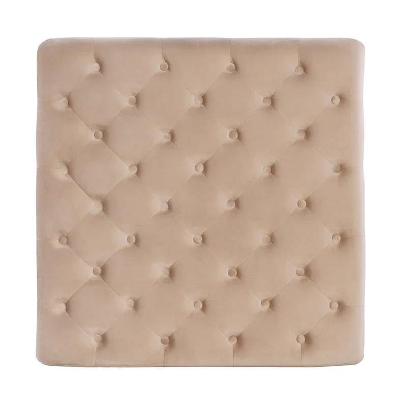 Tan Velvet Square Tufted Ottoman with Dark Walnut Legs – Single