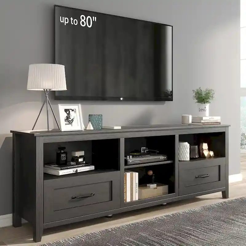 Industrial TV Stand with Drawers – Black, 4 Open Shelves, Fits up to 80