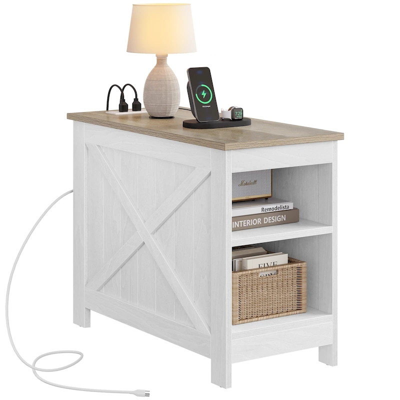 Moasis End Table with Charging Station, Side Table with Storage, 2 Power outlets & 2 USB Ports for Living Room