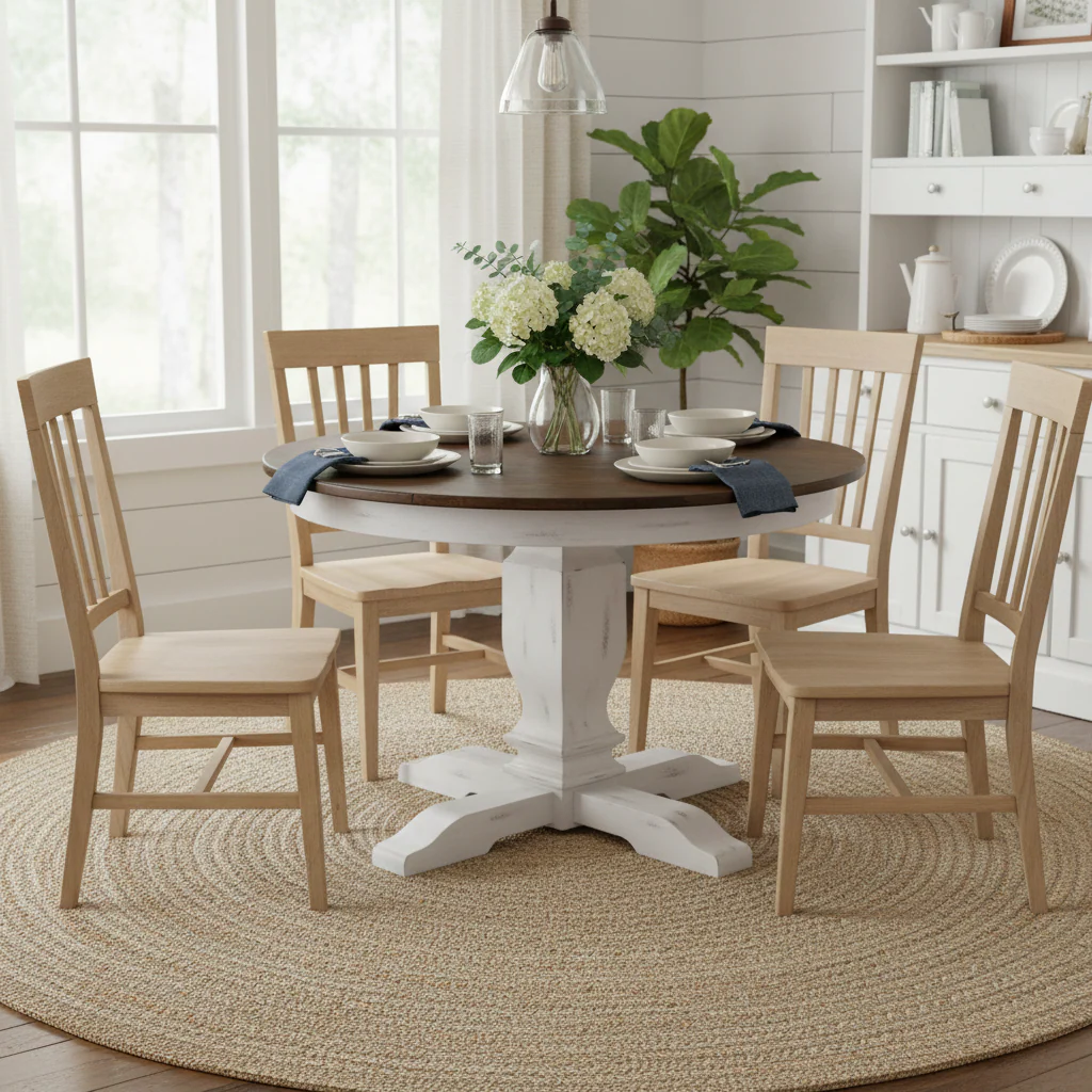 Round Pedestal Dining Table with Extension Leaf - Rubberwood - Seats 4-6