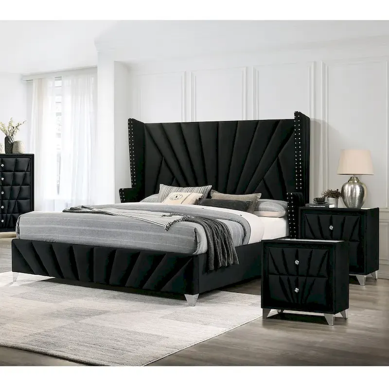 Ambrosia Glam Black Fabric Upholstered Nailhead 3-Piece Panel Bedroom Set by Furniture of America