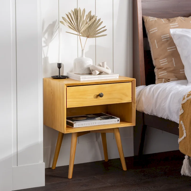 Mid-Century Solid Wood 1-Drawer Nightstand
