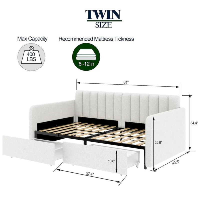 Epiphyllum Modern Velvet Twin Daybed with 2 Drawers and Ribbed Tufted Backrest by Christopher Knight Home