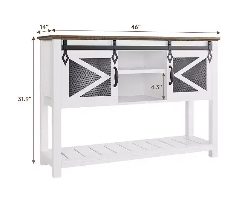 46 White Farmhouse Entryway Table with Sliding Barn Doors | Rustic White Wooden Console Table with Storage Shelves | Narrow Sofa Table