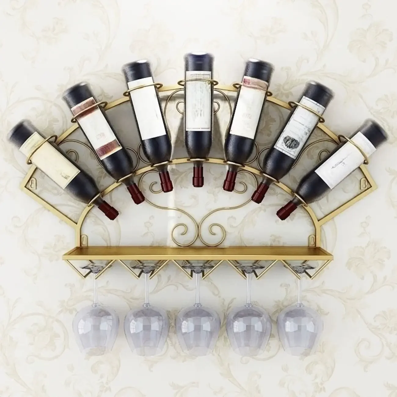 Fan-shaped Simple Metal Wall-Mounted Wine Bottle & Glass Rack