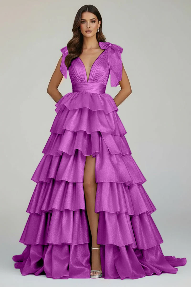 Glitter Tie Straps Pink Plunging Neck Tiered Long Prom Dress