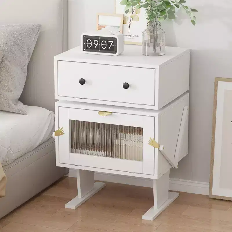 Famapy 360 Swivel Bedside Table with Drawer and Transparent Glass Cabinet Nightstand