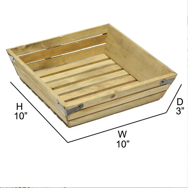 Natural wood small shallow square crate with metal corner design