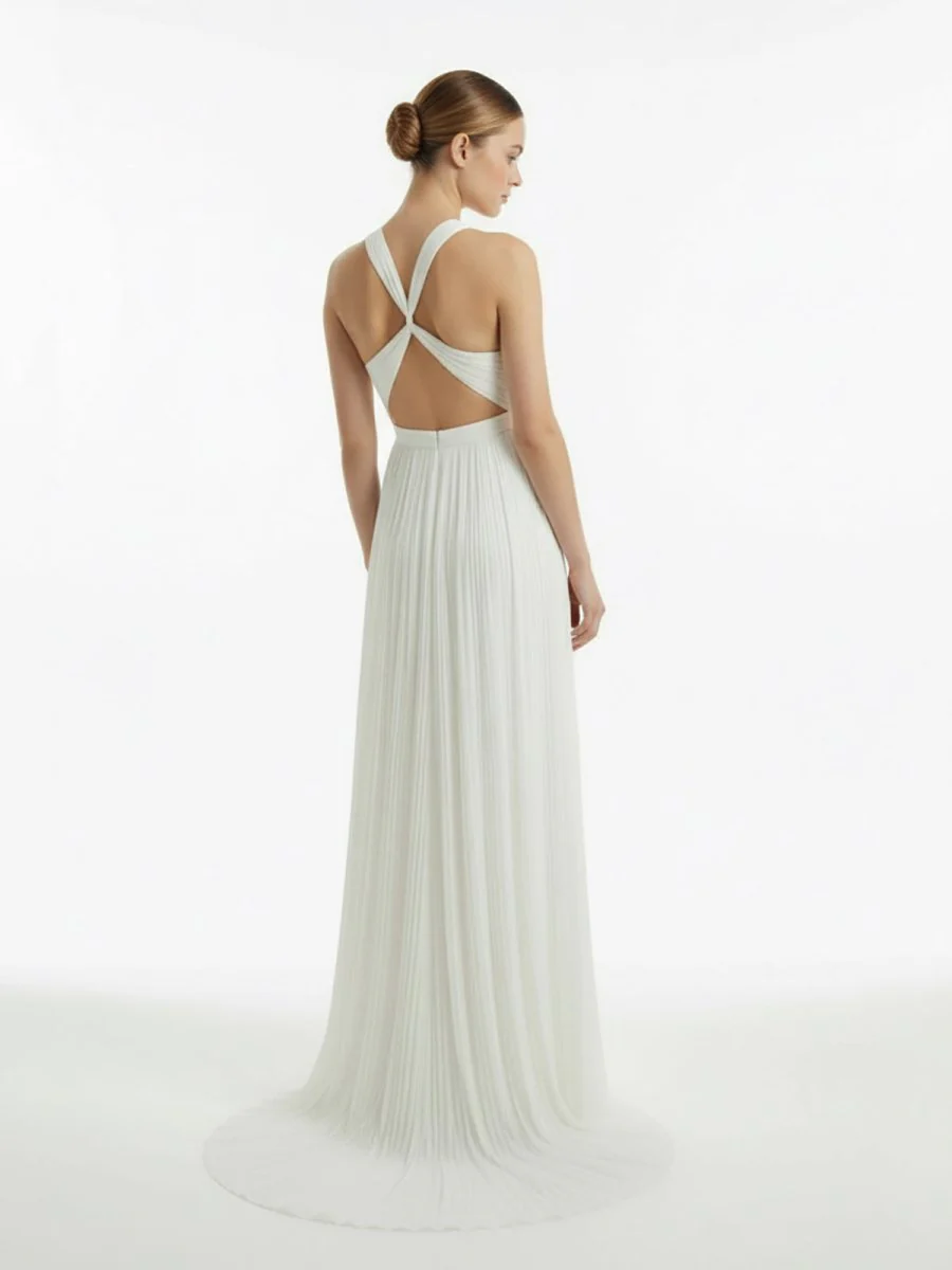 Sheath Halter Chiffon Plaited Dress With Special Back Design