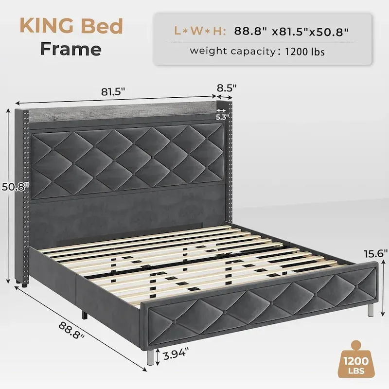 LED Bed Frame with 51.2 Tall Headboard Charging Station
