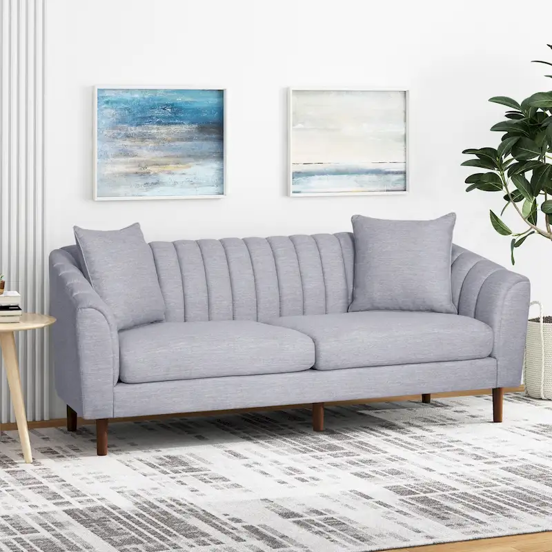 Channel-Tufted Sofa with Sloped Arms & Walnut Legs – Blush / Beige / Cloud Gray / Charcoal / Navy Blue, Mid-Century Modern, Seats 3