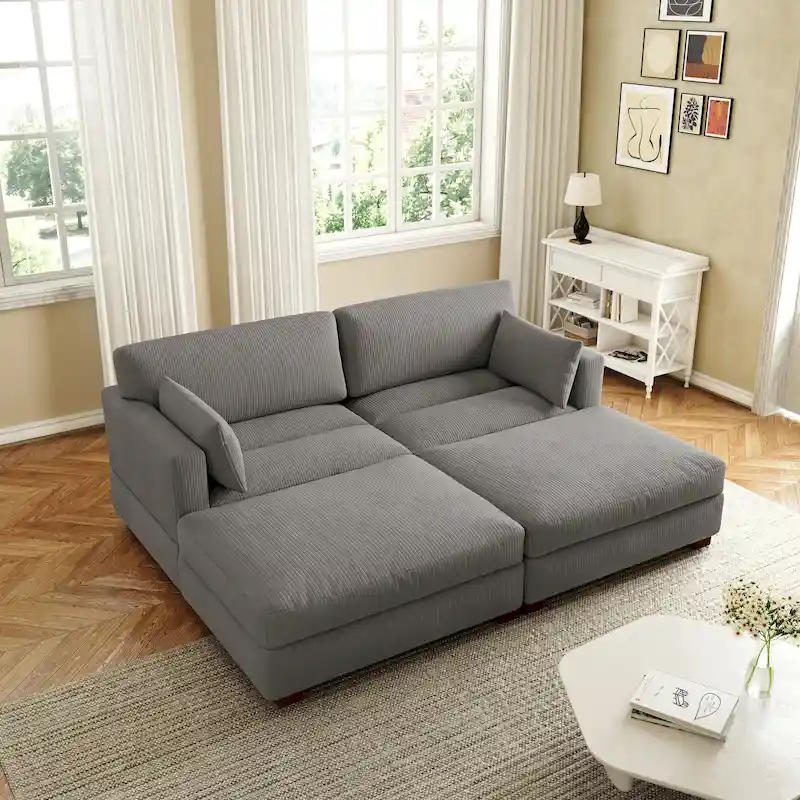 Corduroy Sectional Sofa with Armrest and Cushions