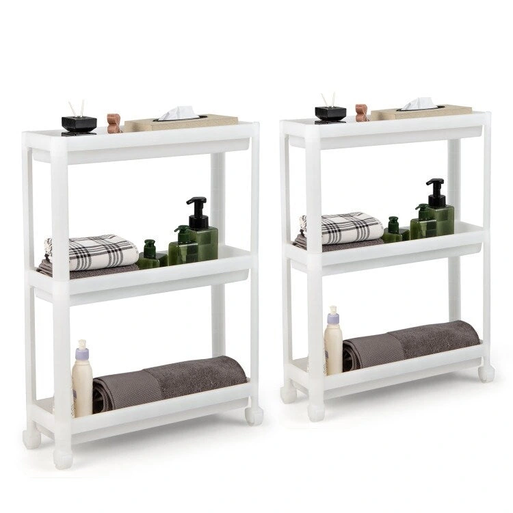 2 Pieces 3-Tier Slim Detachable Storage Cart with Drainage Holes and Wheels-White - 20.8 x 6.8 x 27.5