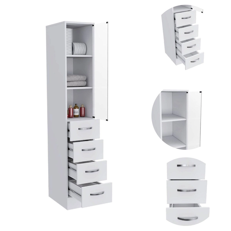 Vanguard Linen Cabinet, Three Shelves, Four Drawers -White