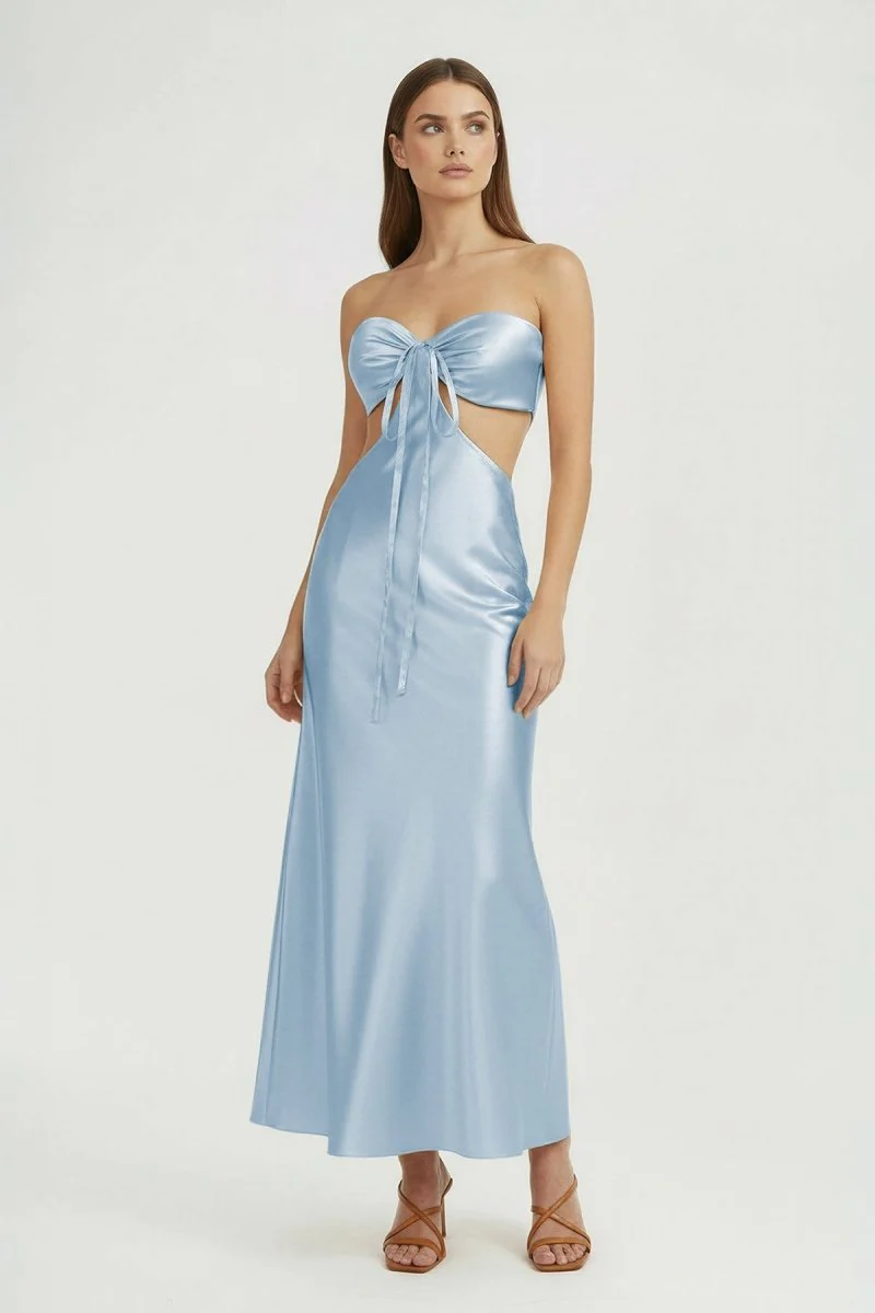 Aqua Strapless Sheath Satin Open Back Prom Dresses With Cutout