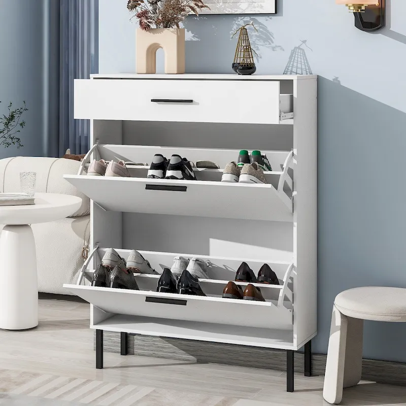 White Particle Board Shoe Cabinet with 2 Flip Drawers & Metal Legs
