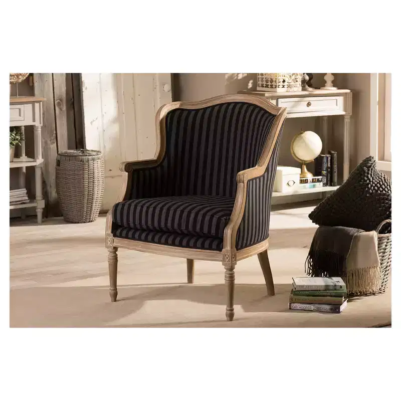Charlemagne Traditional French Blue Stripe Accent Chair -Baxton Studio: Cotton Upholstery, Cedar Wood Frame, No Assembly Required