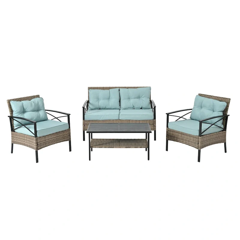 PE Wicker Four Set Wicker Seasonal Sofa with Black Metal Table