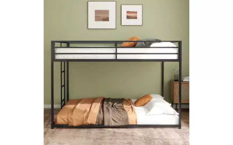 ZevemomoFull Over Full Bunk Bed for Kids,Metal Low Bed Frame with Built-in Ladder,High Top Protect,Floor Bed Bottom Bunk,No Boxing Spring Needed,Black