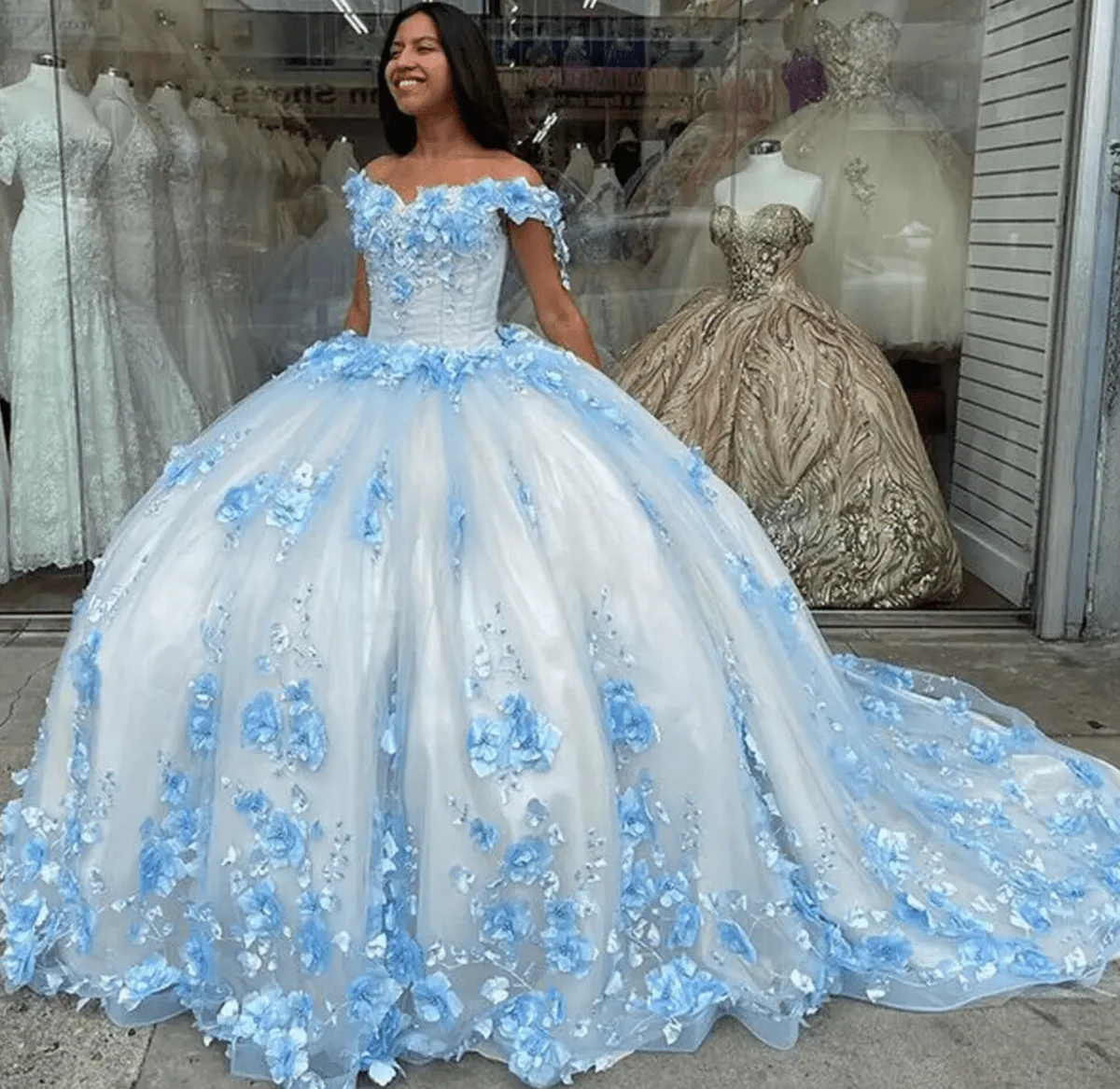 Sky Blue Lace Dress Off The Shoulder 3D Flowers Quinceanera Dresses