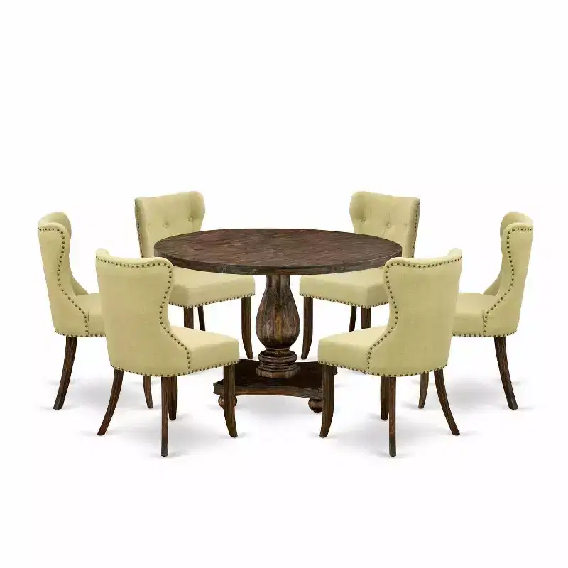 HomeStock 7-Piece Distressed Jacobean Finish Solid Wood Top Dining Table with 6-Parson Chairs