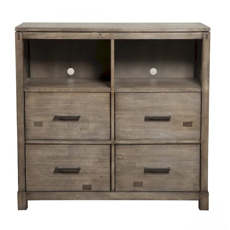 Solid Wood TV Stand with Open Shelving, 4 Drawers & Cable Management – Brown Mahogany (41.5