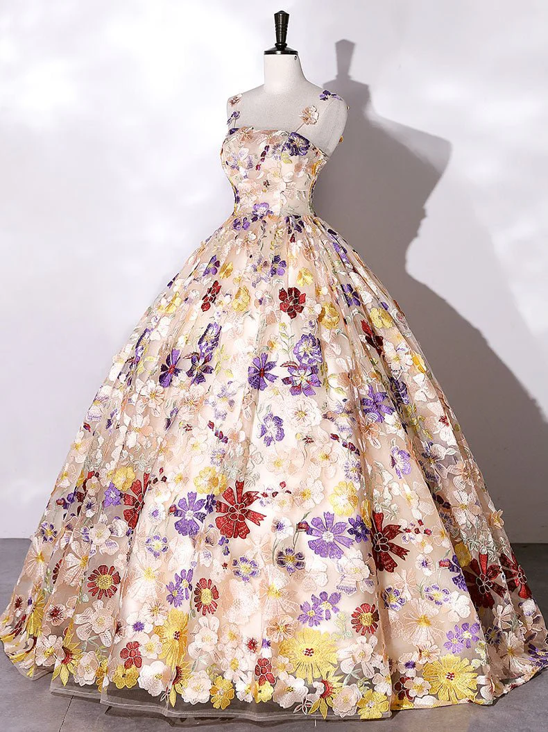 Quinceanera Dress Champagne A-line Flowers Long Prom Dress