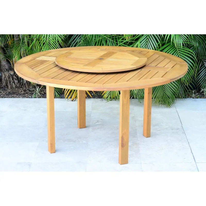 9-piece Teak Finish Table Dining Set with Lazy Susan - 9 Piece