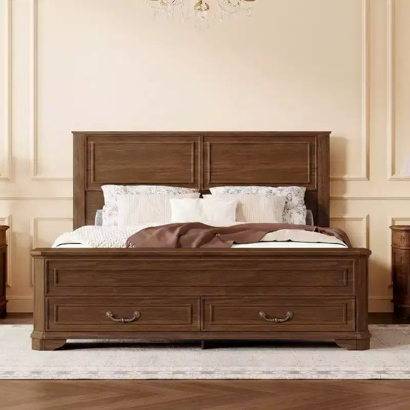Farmhouse Queen Size Bed with Headboard, Pine Wood Platform Bed Frame with Bulit-in Footboard Storage Bench & 2 Drawers - ModernLuxe