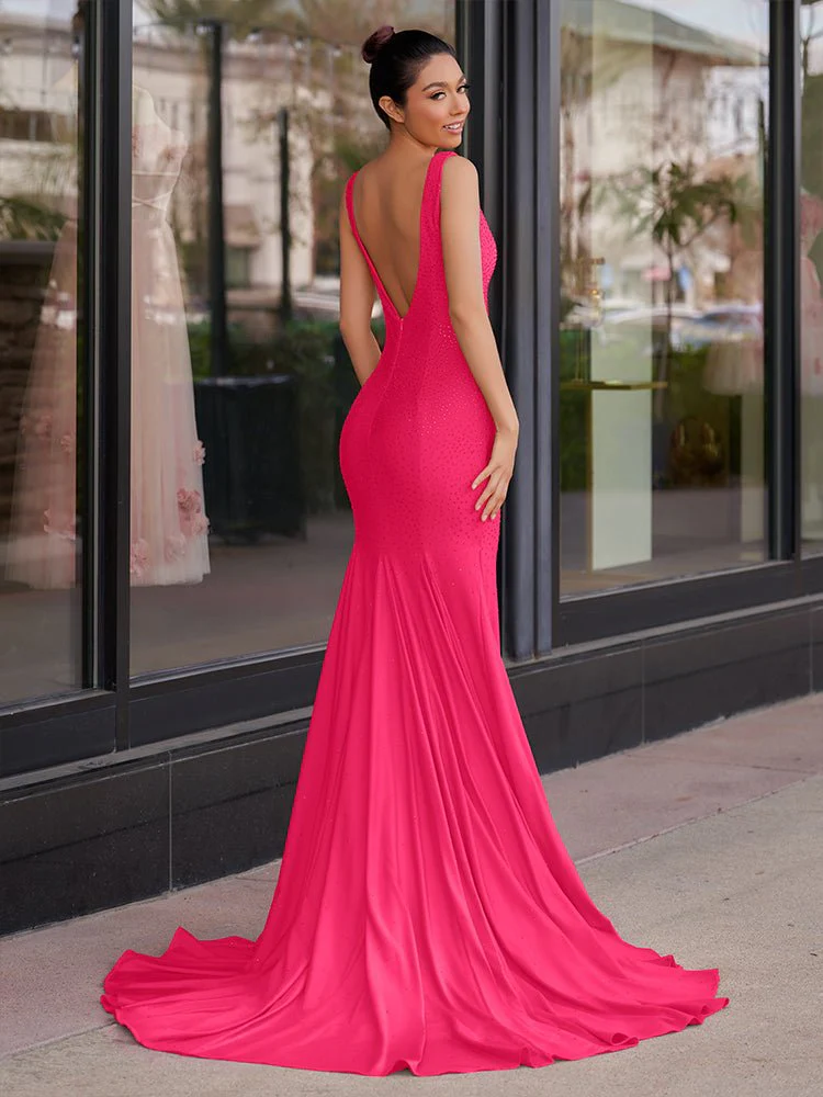 Mermaid Deep V-Neck Beaded Satin Long Prom Dress