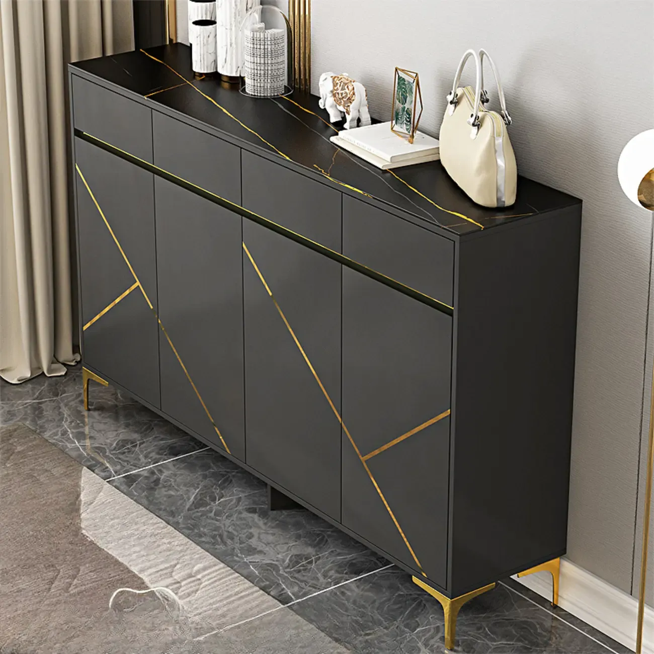 Trendy Gray Wood Shoe Cabinet with Drawers & Display Top