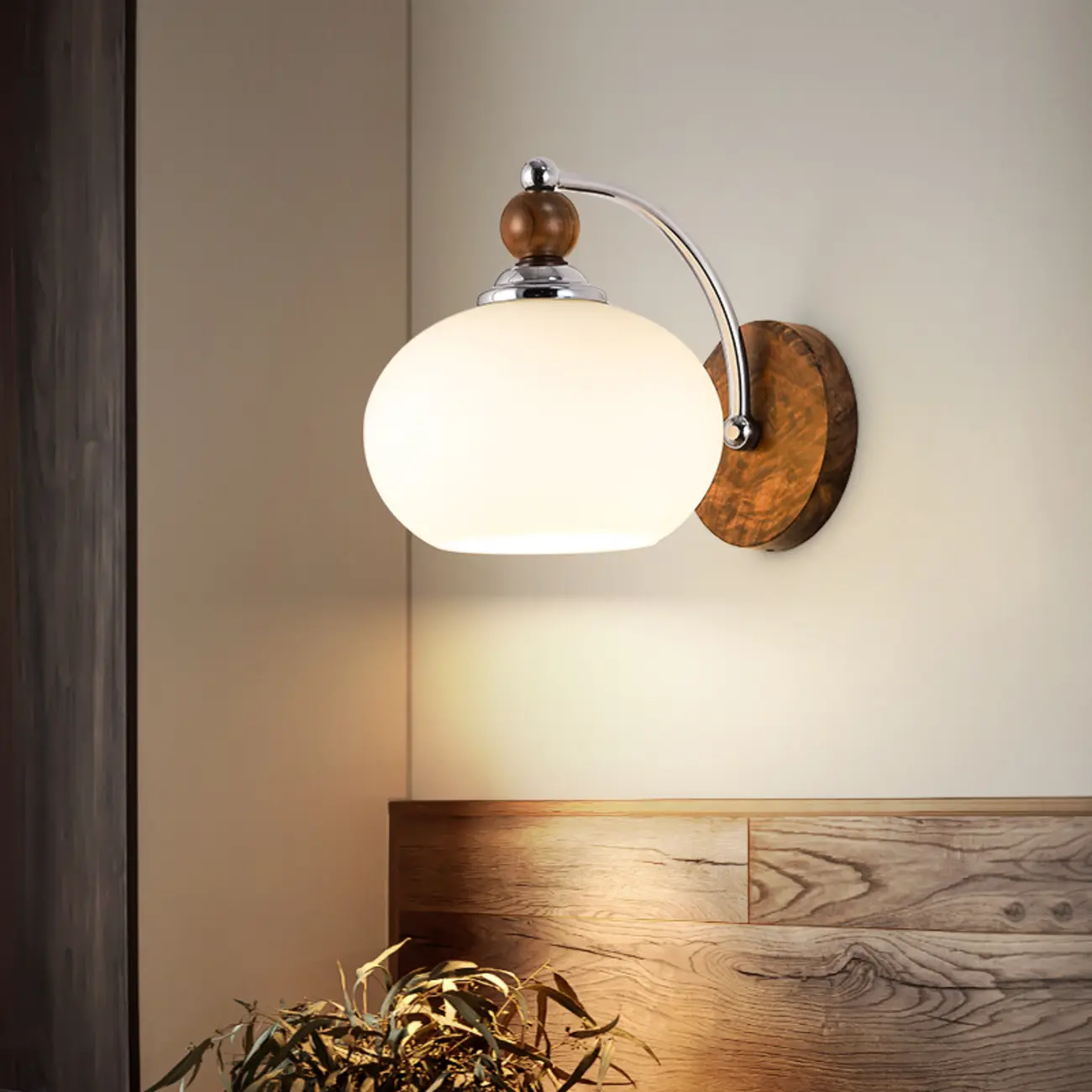 Milk Glass Drum Down Wall Sconce with Lumber and Metal Fixture