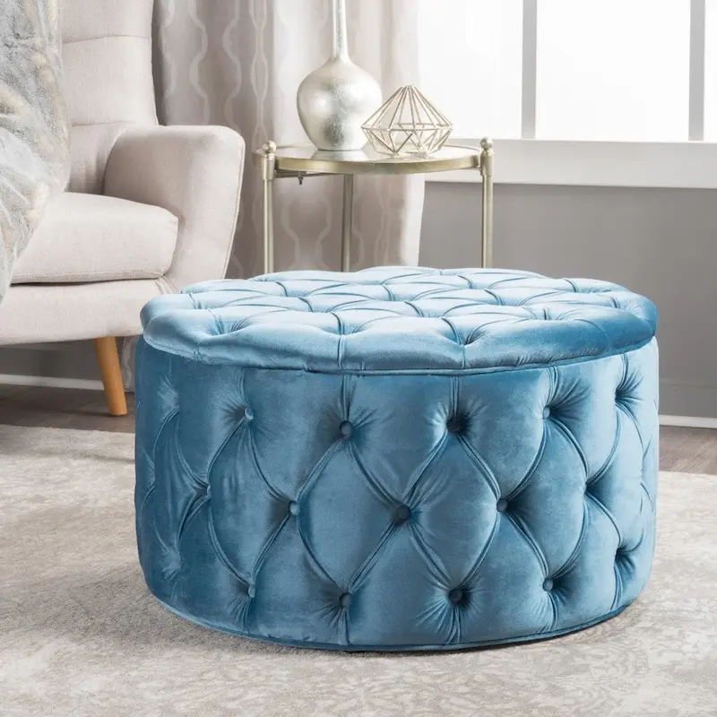 Modern Glam Tufted Velvet Round Ottoman