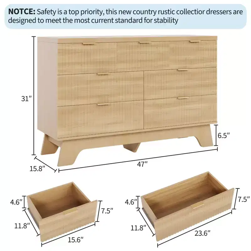 7-Drawer Mid Century Modern Fluted Dresser, Wooden Chest of Drawers, TV Stand, Storage Organizer for Bedroom Living Room Hallway Entryway, Oak