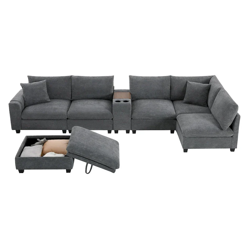 U Shaped Chenille Sofa w/Ottoman,Console,Cup Holder,Wide Seat,USB