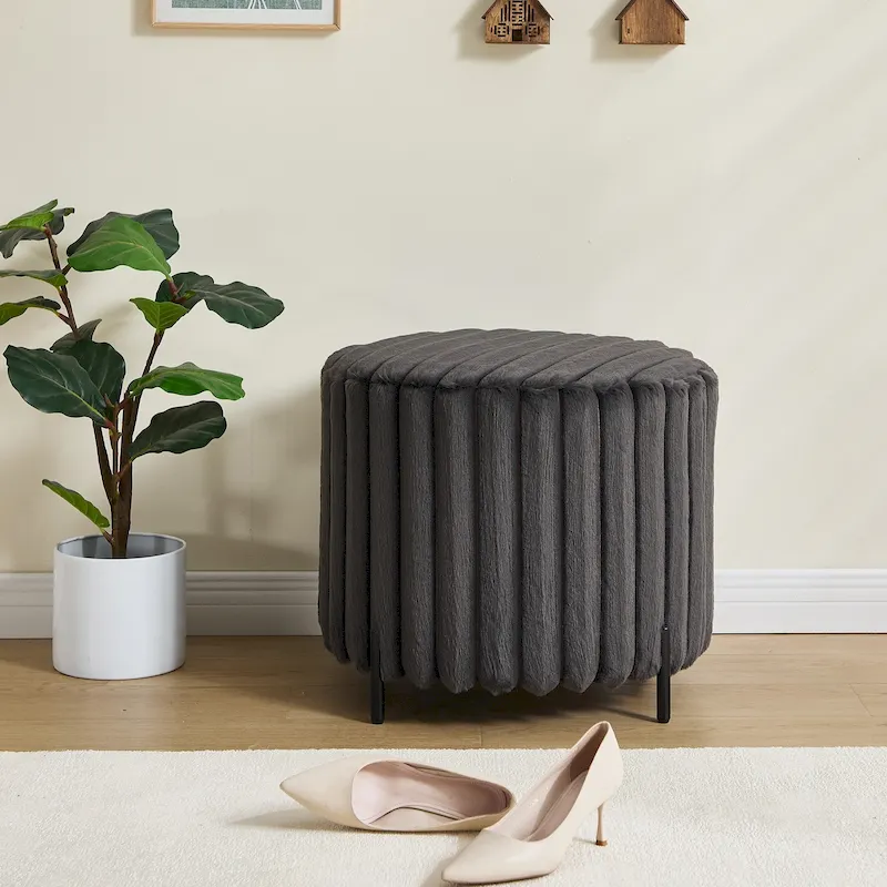 22.05Wide Upholstered Round Pouf Ottoman Foot Rest with Black Metal Legs