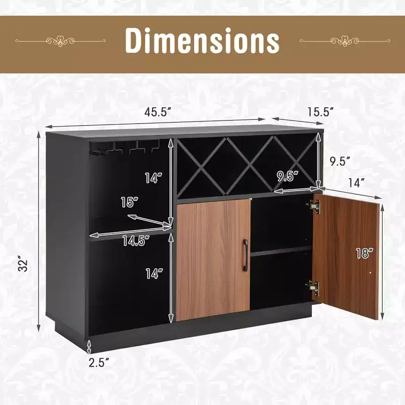 Industrial Wine Bar Cabinet Sideboard Buffet with Glass Holder & Adjustable Shelf, 45.5