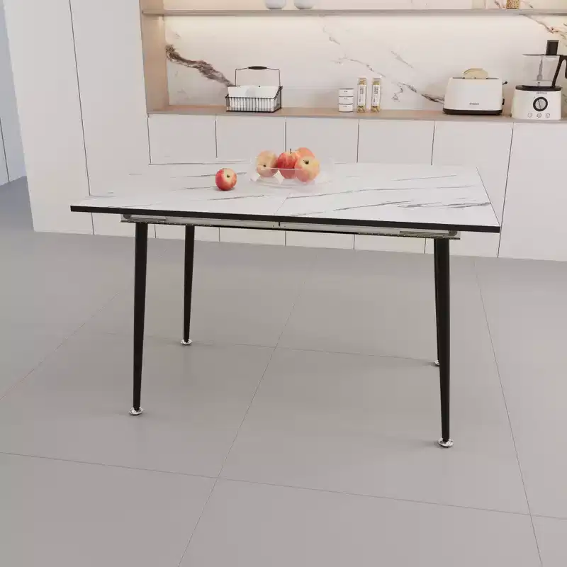 Okak 63IN Expandable Square Kitchen Table for 6 Person, Marble Patterned Dining Table, Folding Table for Dining Room, Living Room, White