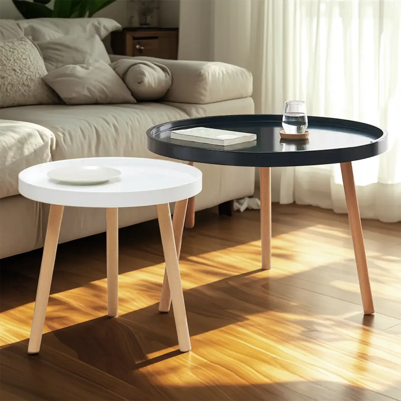 Modern Round Waterproof Coffee Table with Wood Three Leg