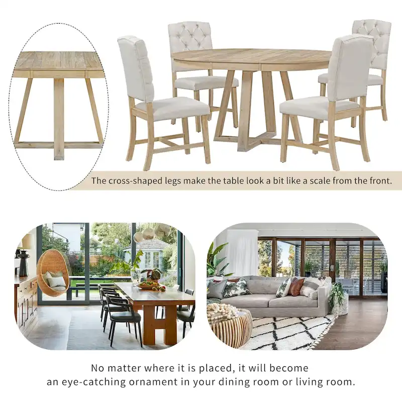 5 Piece Extendable Round Dining Table Set, Wooden Kitchen Furniture Set with Removable Leaf and 4 Upholstered Chairs