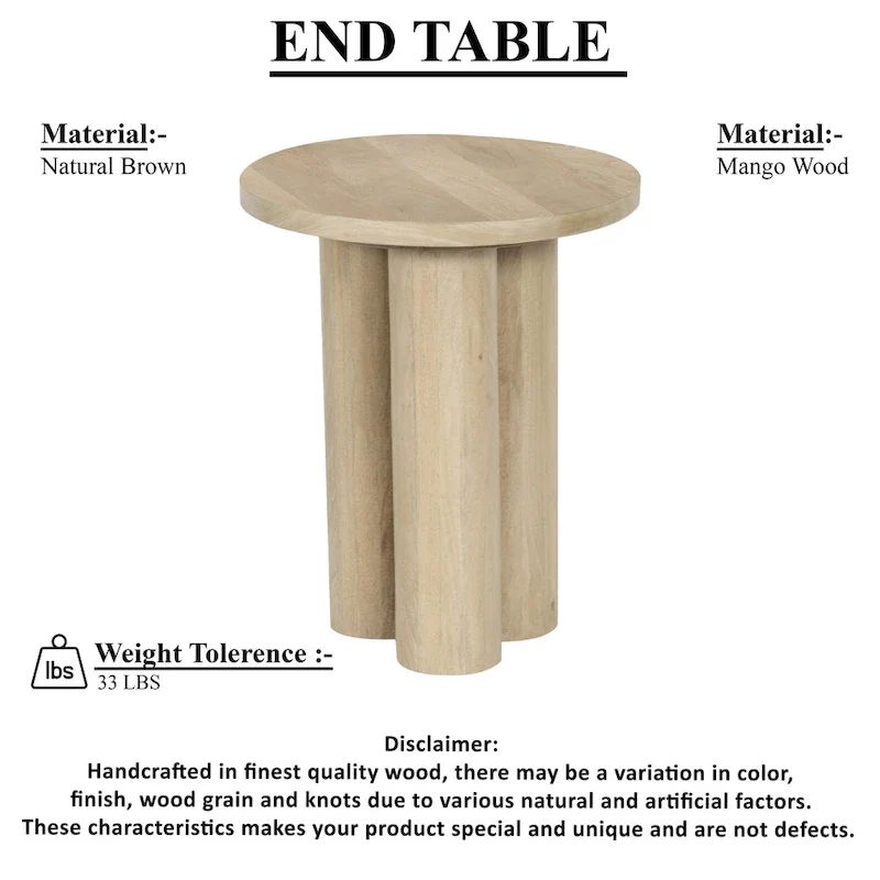 Round Side Table - Natural Brown, Farmhouse Style, Single User